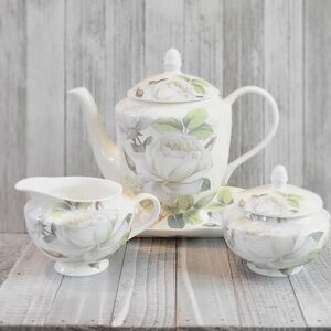 Gracie Bone China "Iceberg White Rose" Teapot, Creamer, And Sugar Bowl Set